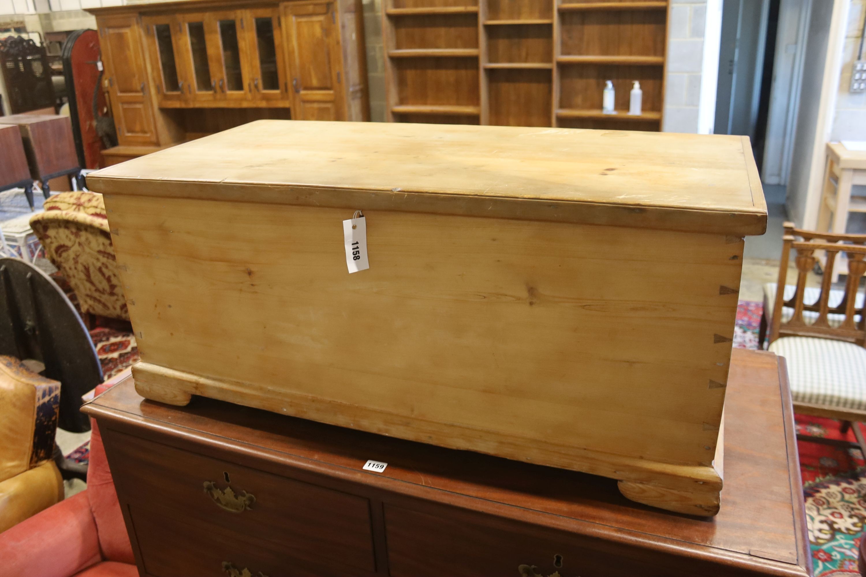 A Victorian rectangular pine trunk, length 95cm, depth 48cm, height 41cm